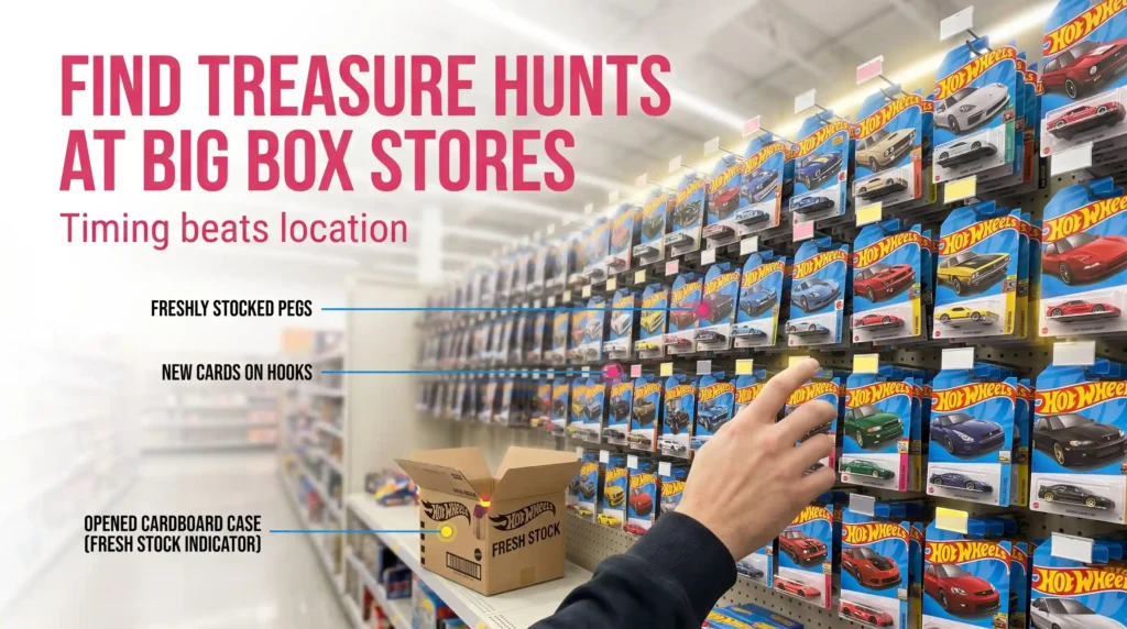 Hot Wheels peg hunting at big box store showing fresh restock timing