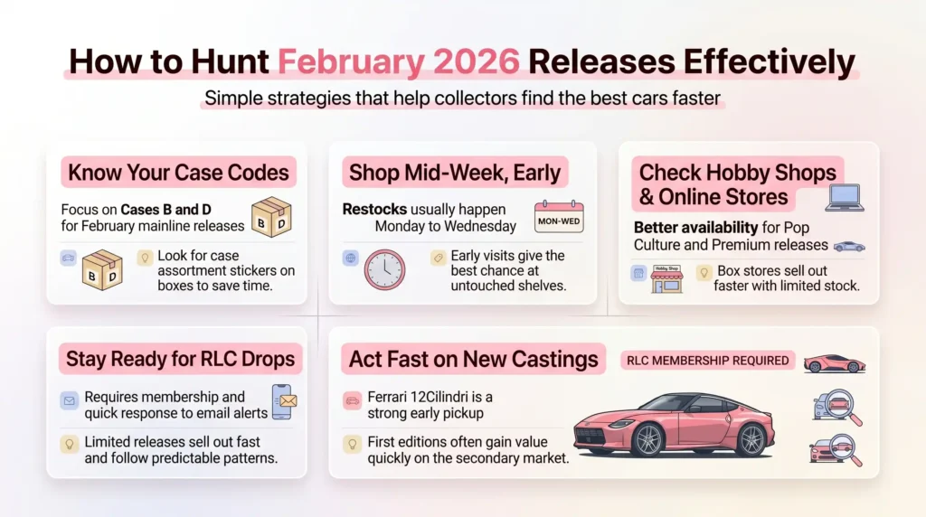 Infographic showing how to hunt Hot Wheels February 2026 releases effectively including case codes B and D, best shopping times, RLC tips, and collector strategies