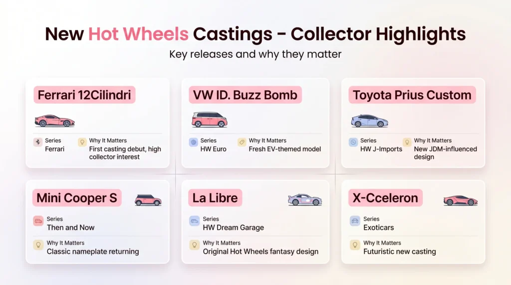 Infographic showing new Hot Wheels castings for 2026 including Ferrari 12Cilindri, VW ID Buzz Bomb, Toyota Prius Custom, Mini Cooper S, La Libre, and X Cceleron with series details and collector insights