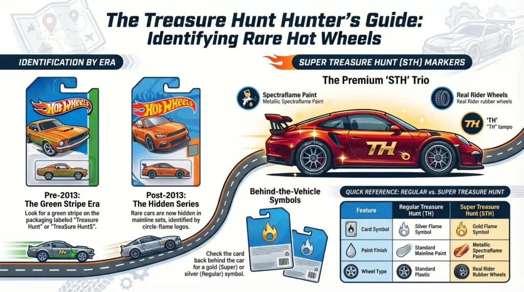 Classic Hot Wheels packaging from 1995-2012 showing the green stripe with Treasure Hunt or T-Hunt branding