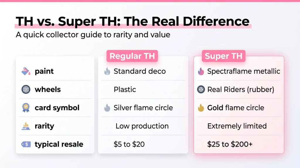 Infographic comparing Regular Treasure Hunt and Super Treasure Hunt Hot Wheels including paint, wheels, rarity, card symbols, and resale value differences|
Feature
Regular TH
Super TH
Paint
Standard deco
Spectraflame metallic
Wheels
Plastic
Real Riders (rubber)
Card symbol
Silver flame circle
Gold flame circle
Rarity
Low production
Extremely limited
Typical resale
$5-$20
$25-$200+