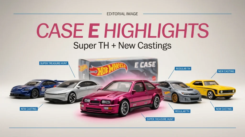 Hot Wheels 2026 Case E highlights with Super Treasure Hunt and new castings displayed