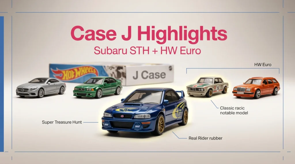 Hot Wheels 2026 Case J highlights with Subaru Super Treasure Hunt and Euro models displayed