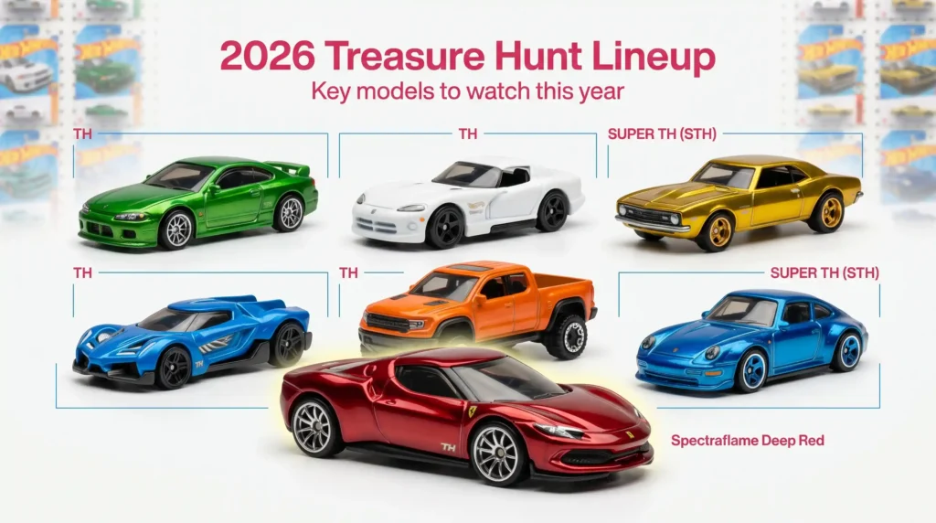 Hot Wheels 2026 Treasure Hunt lineup with Super Treasure Hunt models displayed