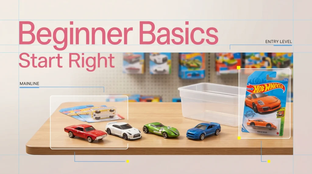 Hot Wheels beginner basics setup showing mainline cars and starter collector display
