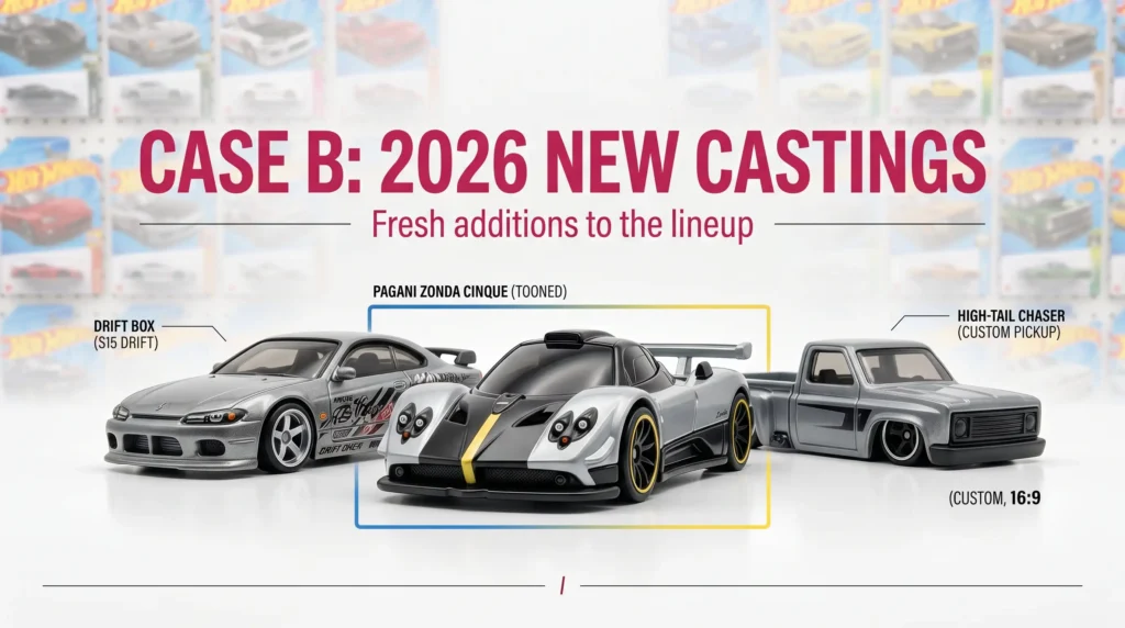 Hot Wheels 2026 Case B new castings including Pagani Zonda Cinque