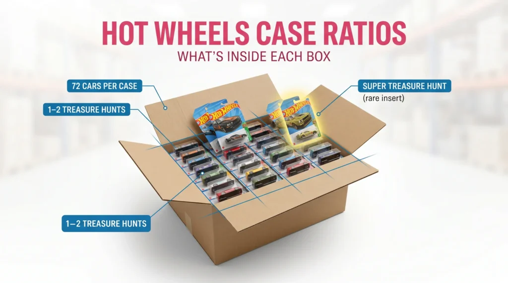 Hot Wheels case box showing 72 cars with Treasure Hunt and Super Treasure Hunt distribution