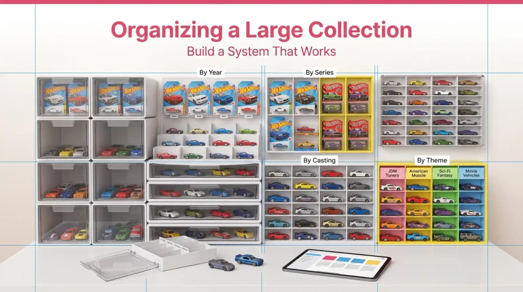 Hot Wheels collection organized by year, series, casting, and theme using structured storage system