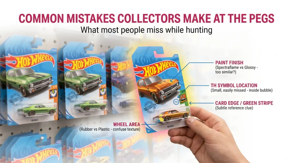 Hot Wheels collector inspecting blister cards for Treasure Hunt details