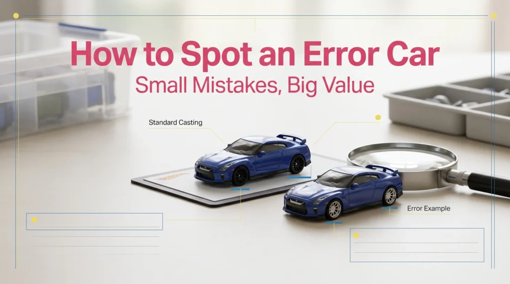 Hot Wheels error car identification guide showing comparison between standard and misproduction models