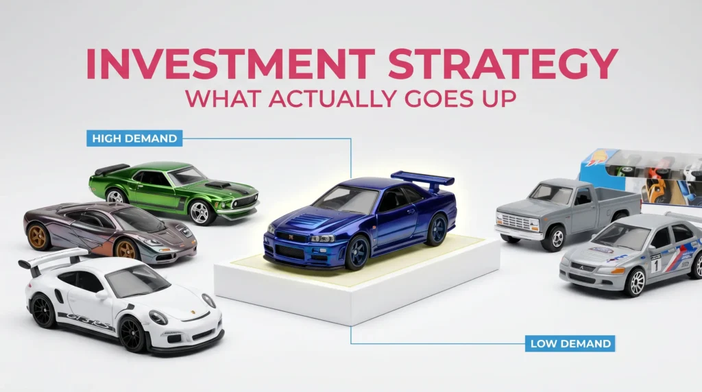 Hot Wheels investment strategy comparison showing high demand premium cars versus low value mainline models