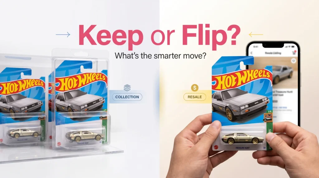 Hot Wheels Treasure Hunt keep or flip decision showing collection and resale scenario