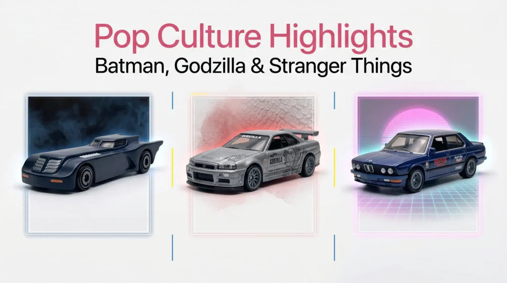 Hot Wheels pop culture cars featuring Batman, Godzilla Skyline, and Stranger Things BMW