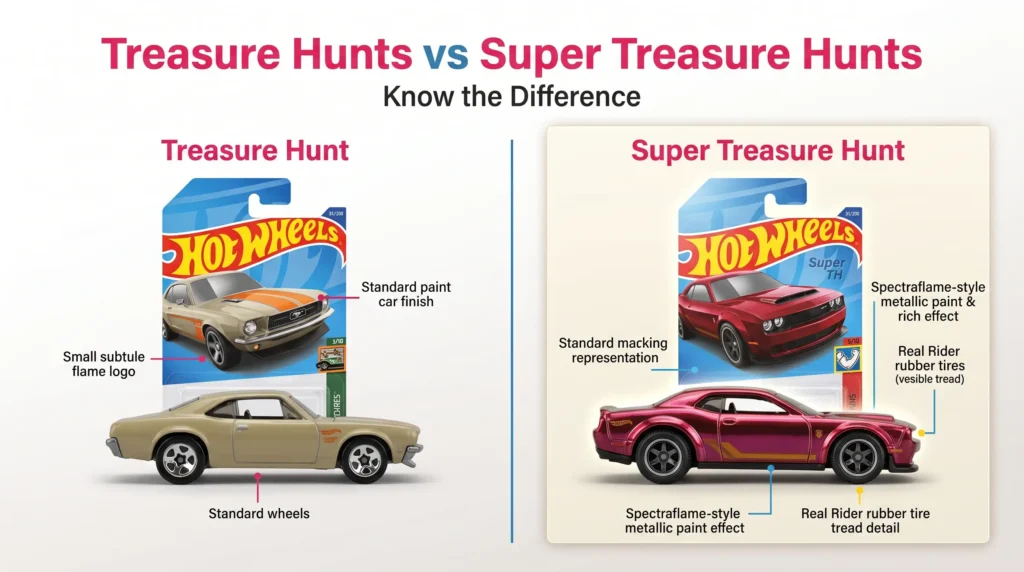 Hot Wheels Treasure Hunt vs Super Treasure Hunt comparison showing differences in packaging, paint, and wheels