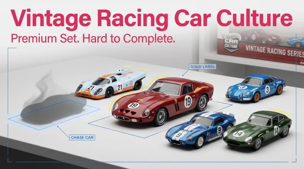Hot Wheels Vintage Racing Car Culture set with Ferrari Porsche models and missing chase car concept