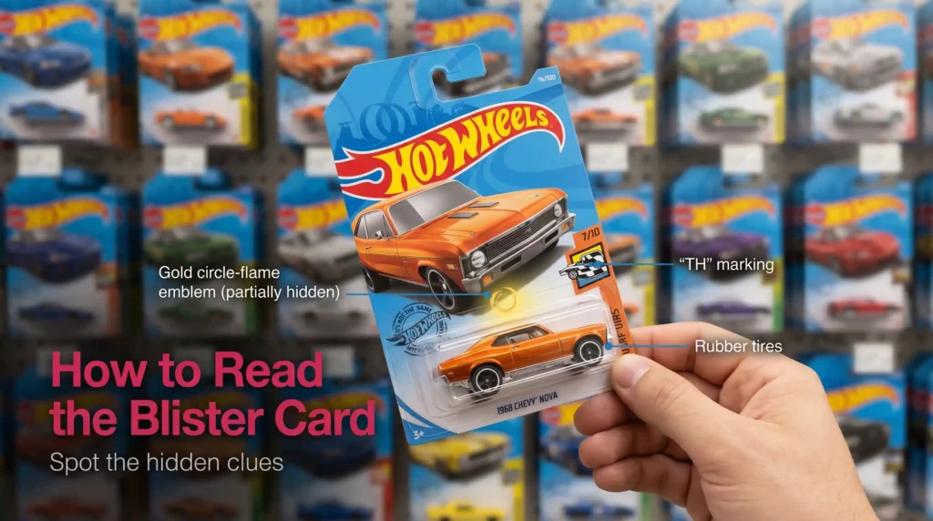 Hot Wheels blister card showing gold Super Treasure Hunt emblem