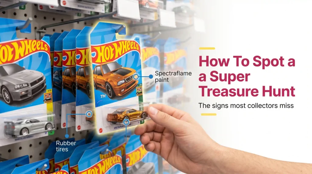 Collector spotting Super Treasure Hunt Hot Wheels on store pegs