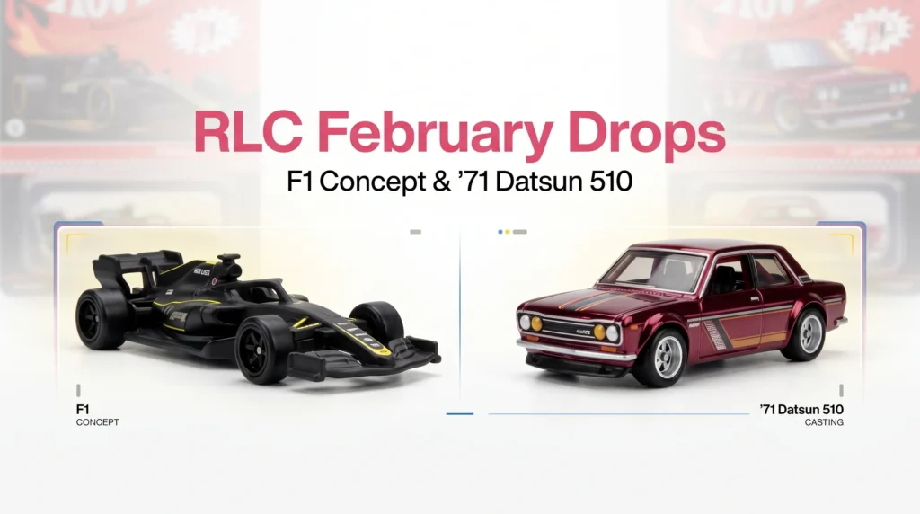 Hot Wheels RLC February 2026 releases featuring Formula 1 concept car and Datsun 510
