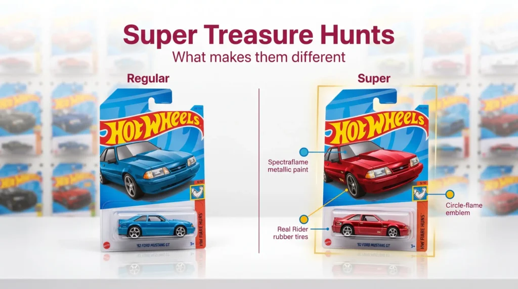 Super Treasure Hunt vs regular Hot Wheels comparison showing key differences