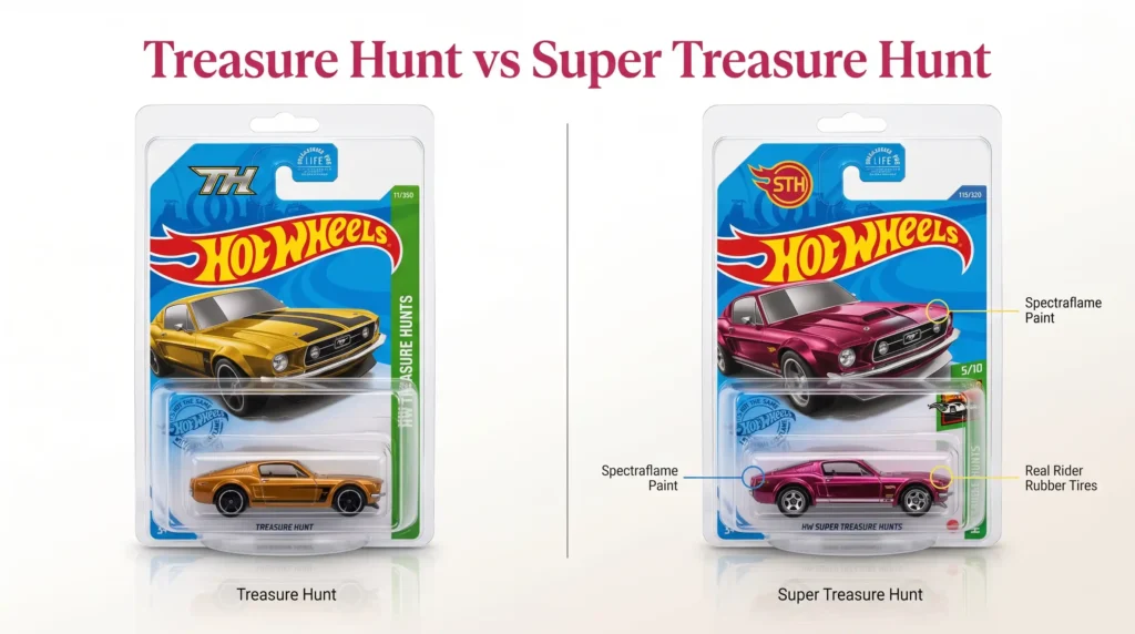 Hot Wheels Treasure Hunt vs Super Treasure Hunt comparison display