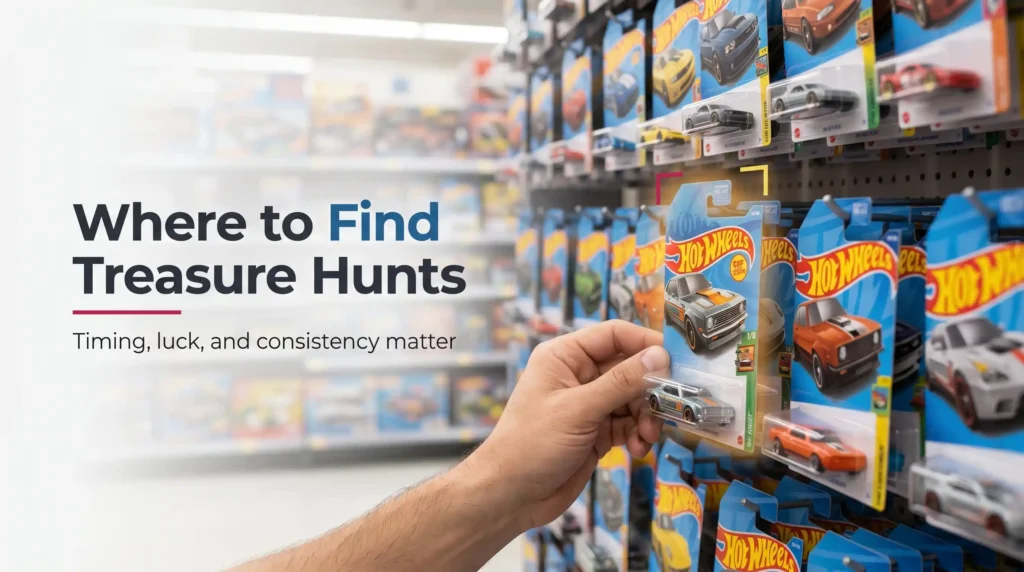 Hot Wheels collector searching for Treasure Hunt cars on retail shelves