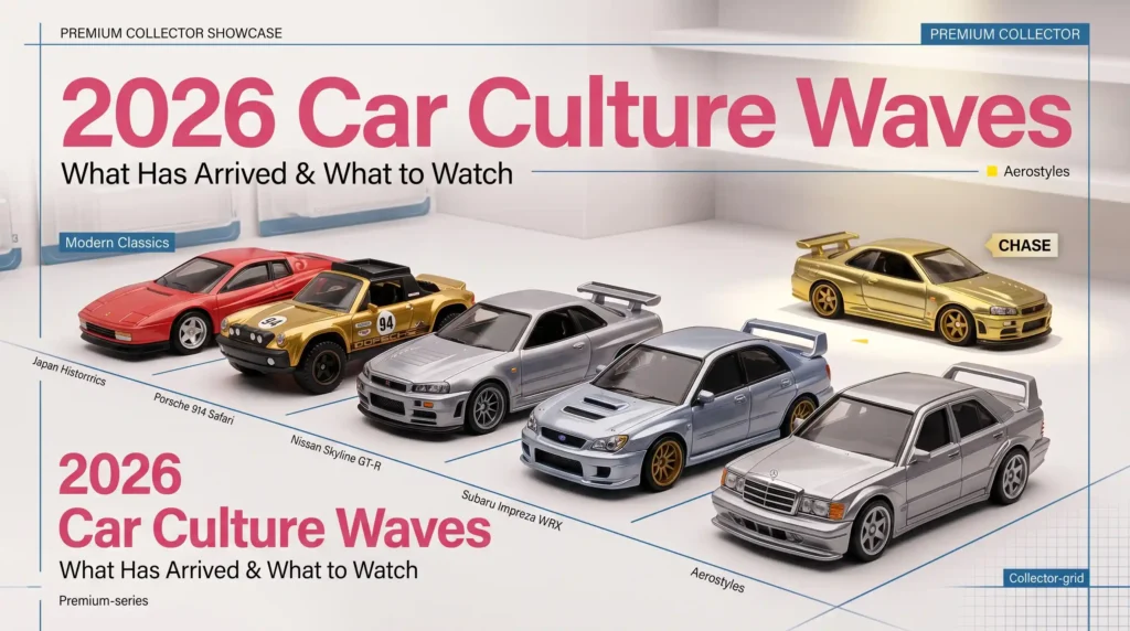 2026 Hot Wheels Car Culture waves featuring premium die-cast models, chase cars, and collector series displays