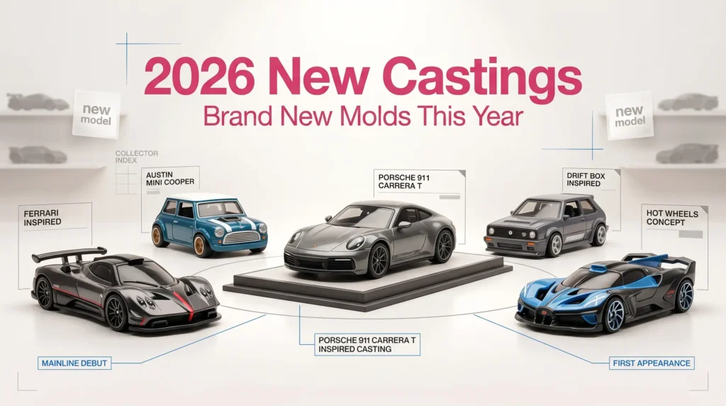 2026 Hot Wheels new castings lineup featuring Porsche 911 Carrera T, Ferrari-inspired models, and debut mainline and Car Culture molds in a clean collector display