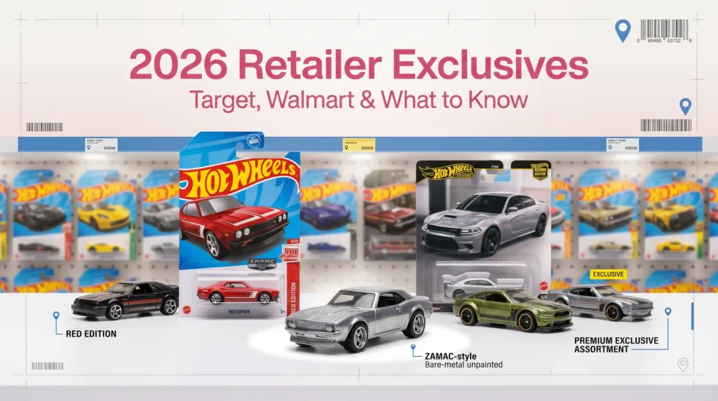 2026 Hot Wheels retailer exclusives featuring Target Red Editions, Walmart ZAMAC variants, and collector hunt displays