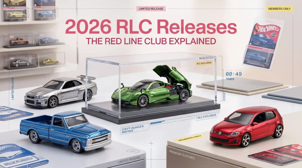 2026 Hot Wheels Red Line Club releases featuring premium RLC exclusive collector cars in acrylic display cases