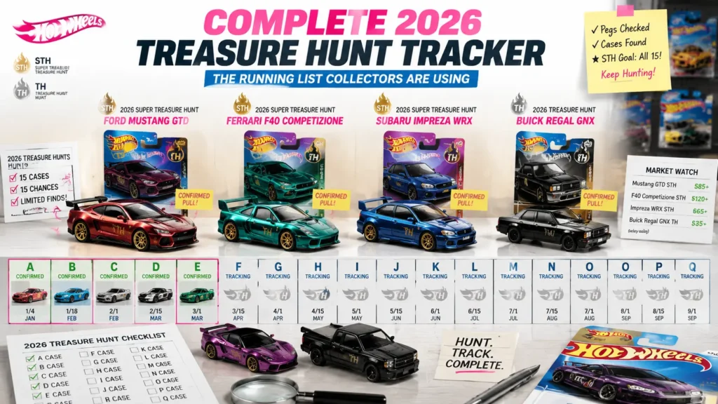 2026 Hot Wheels Treasure Hunt tracker featuring Super Treasure Hunt and Treasure Hunt cars organized by case letters in a premium collector layout