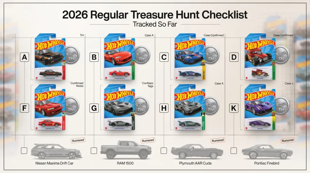 2026 Regular Treasure Hunt checklist featuring tracked Hot Wheels TH cars organized by case letters in a premium collector tracker layout