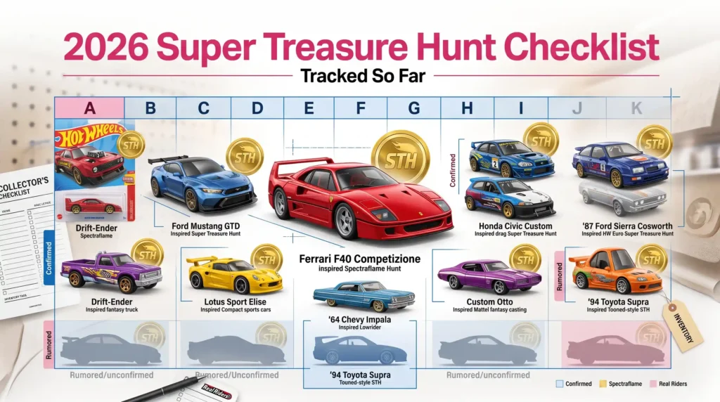 2026 Super Treasure Hunt checklist featuring Ferrari F40, Subaru Impreza, Mustang GTD, and other STH Hot Wheels models organized by case letters in a premium collector tracker layout