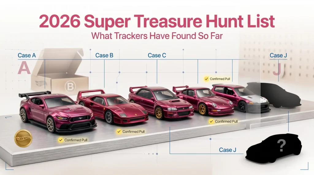 2026 Super Treasure Hunt tracker showing confirmed Hot Wheels STH models from multiple case assortments