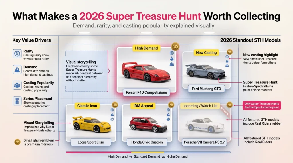 2026 Super Treasure Hunt value guide showing why certain castings like Ferrari F40, Mustang GTD, and Honda Civic Custom are more desirable based on demand and rarity