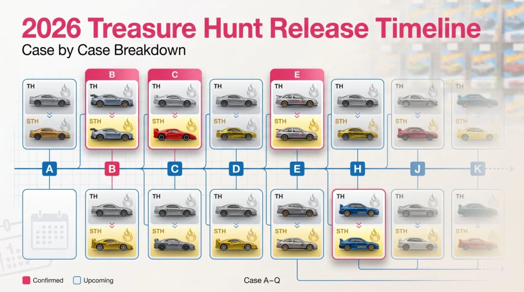 2026 Hot Wheels Treasure Hunt timeline showing case-by-case TH and Super Treasure Hunt releases from A to Q in a structured collector infographic layout