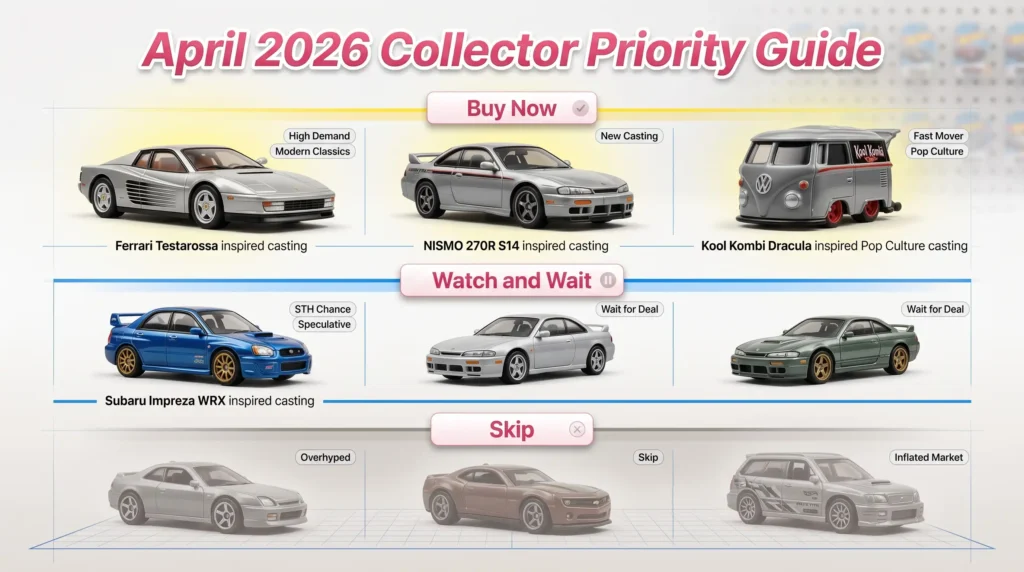 April 2026 Hot Wheels collector priority guide showing Buy Now, Watch and Wait, and Skip categories with Ferrari Testarossa, NISMO 270R, and other key releases in an infographic layout
