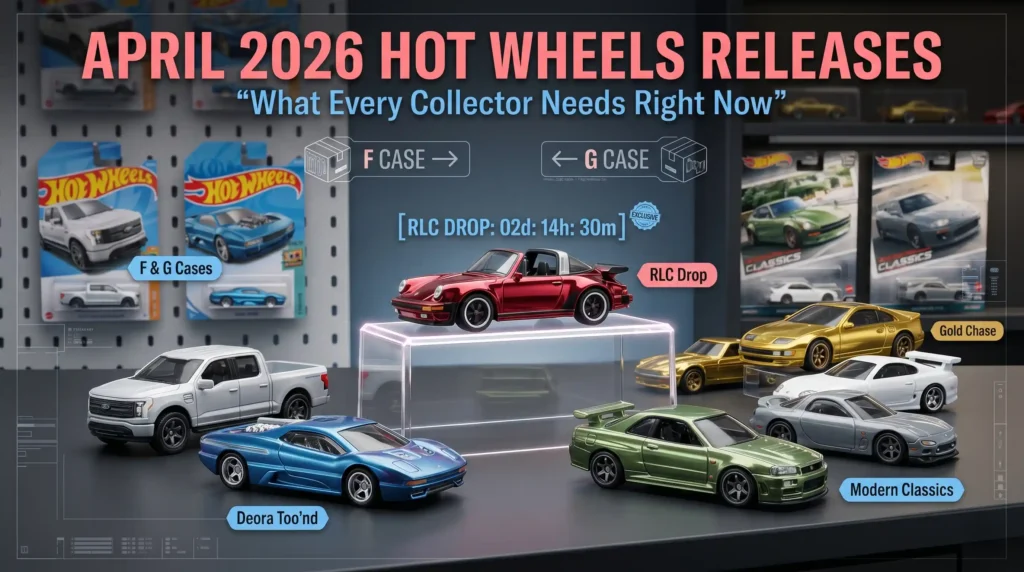 April 2026 Hot Wheels releases featuring RLC Porsche 911 Turbo 3.3 Targa, premium Car Culture models, and F Case collector highlights