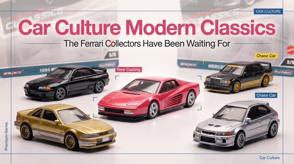 Car Culture Modern Classics featuring Ferrari Testarossa, NISMO 270R, Porsche 993 GT2, and chase car in a premium collector display