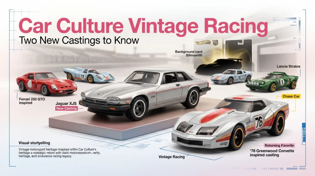 Car Culture Vintage Racing set featuring Jaguar XJS and '76 Greenwood Corvette in a premium collector display with classic racing theme
