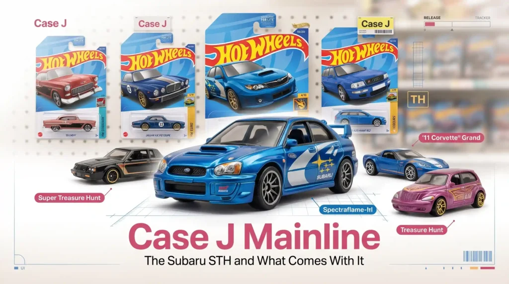 Case J 2026 Hot Wheels lineup featuring Subaru Impreza WRX Super Treasure Hunt and licensed collector favorites in a premium display