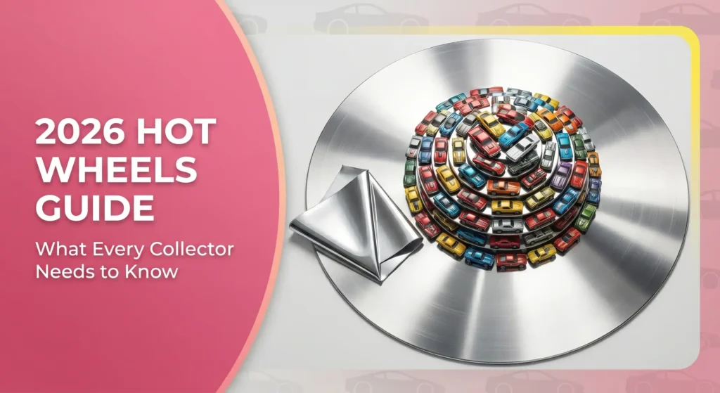2026 Hot Wheels releases guide showing mainline cars, premium models, and Super Treasure Hunt collectibles in a modern collector display