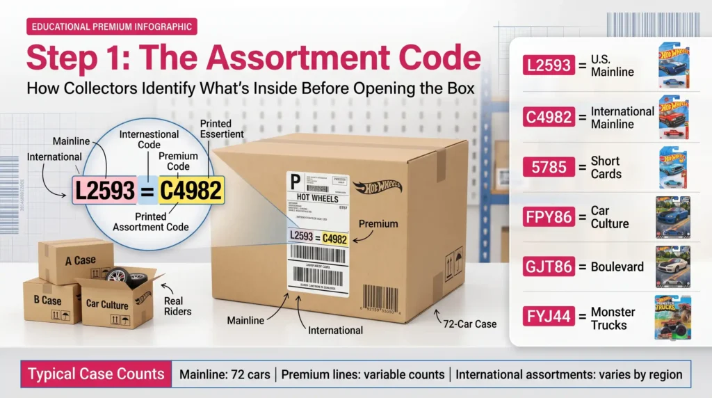 Hot Wheels assortment code infographic explaining mainline, Car Culture, Boulevard, and international case codes used by collectors to identify product lines before opening shipping boxes