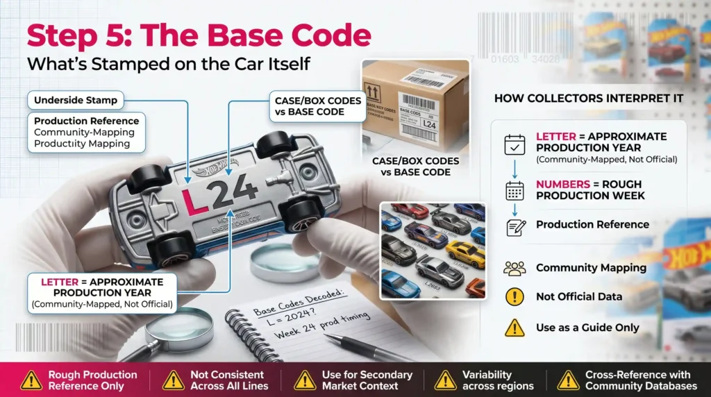 Hot Wheels base code infographic showing stamped identifiers on the underside of diecast cars and how collectors use them as rough production references alongside community tracking data