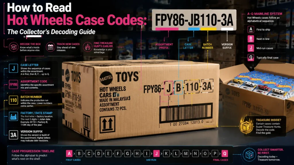 Hot Wheels case code guide infographic showing how collectors decode assortment letters, batch numbers, and shipping box markings to track new releases and Treasure Hunts
