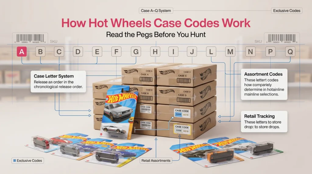 Hot Wheels case codes infographic showing shipping boxes, blister cards, and A to Q case system explanation in a clean collector layout