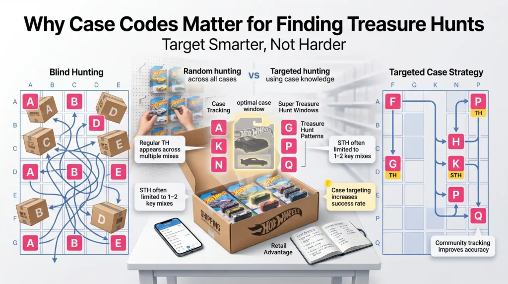 Hot Wheels case code strategy infographic showing how collectors use case tracking to target Treasure Hunts and Super Treasure Hunts more efficiently in retail stores