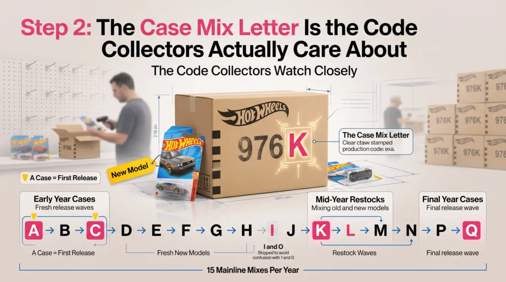 Hot Wheels case mix letter infographic showing how collectors identify A through Q case waves, decode stamped shipping box labels, and track yearly mainline releases using mix letters