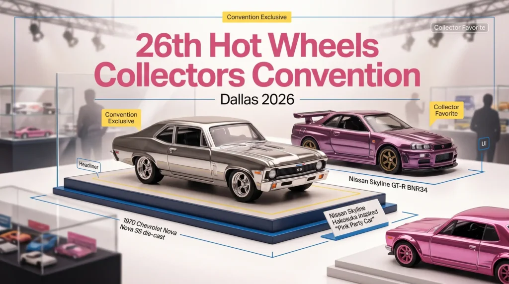 Hot Wheels Collectors Convention Dallas 2026 featuring Chevrolet Nova SS headliner and Nissan Skyline GT-R BNR34 in premium glass display cases
