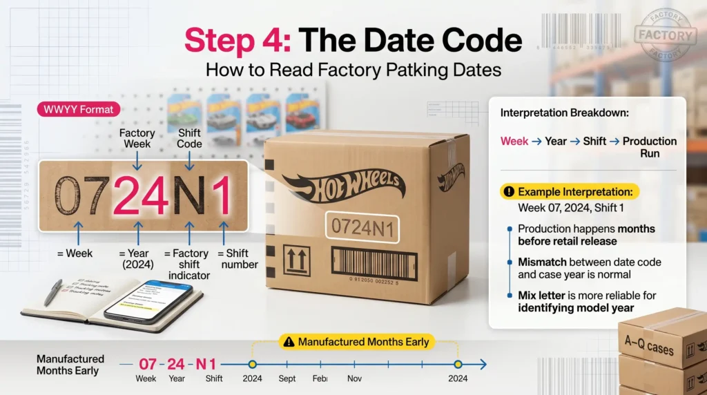 Hot Wheels date code infographic explaining how collectors read factory packing stamps to determine production week, year, and shift on shipping boxes and understand manufacturing timelines