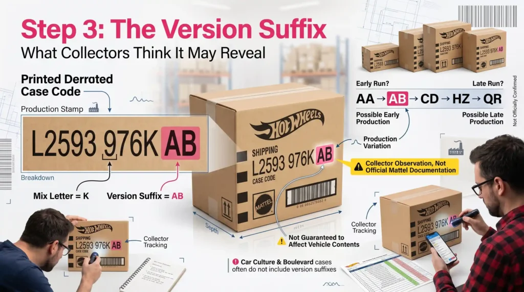 Hot Wheels version suffix infographic explaining how collectors interpret two-letter production suffixes on shipping boxes to estimate early or late case runs within the same mix